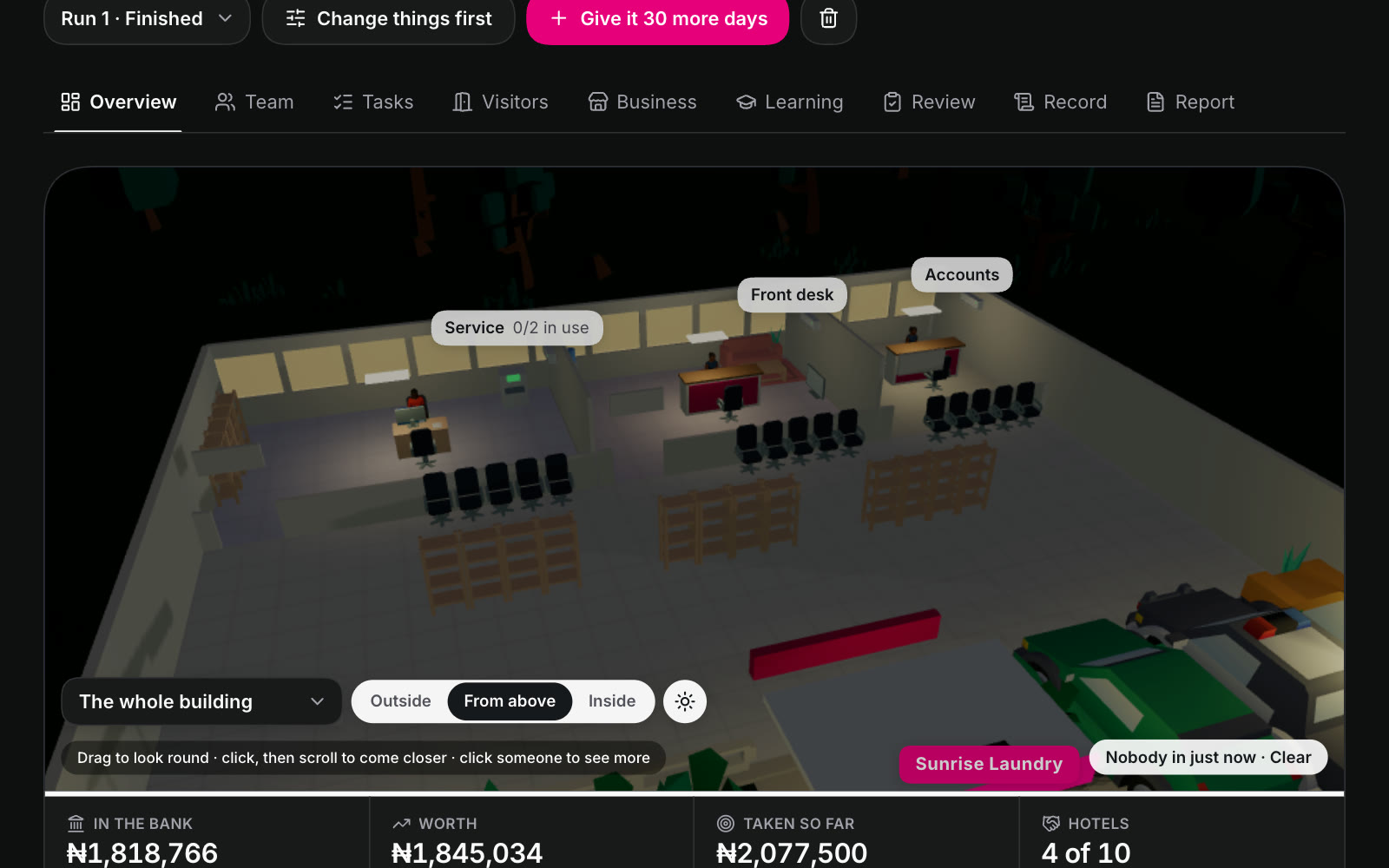 The company’s overview: its building, the money, and a box to give the team a task, an order or a question.